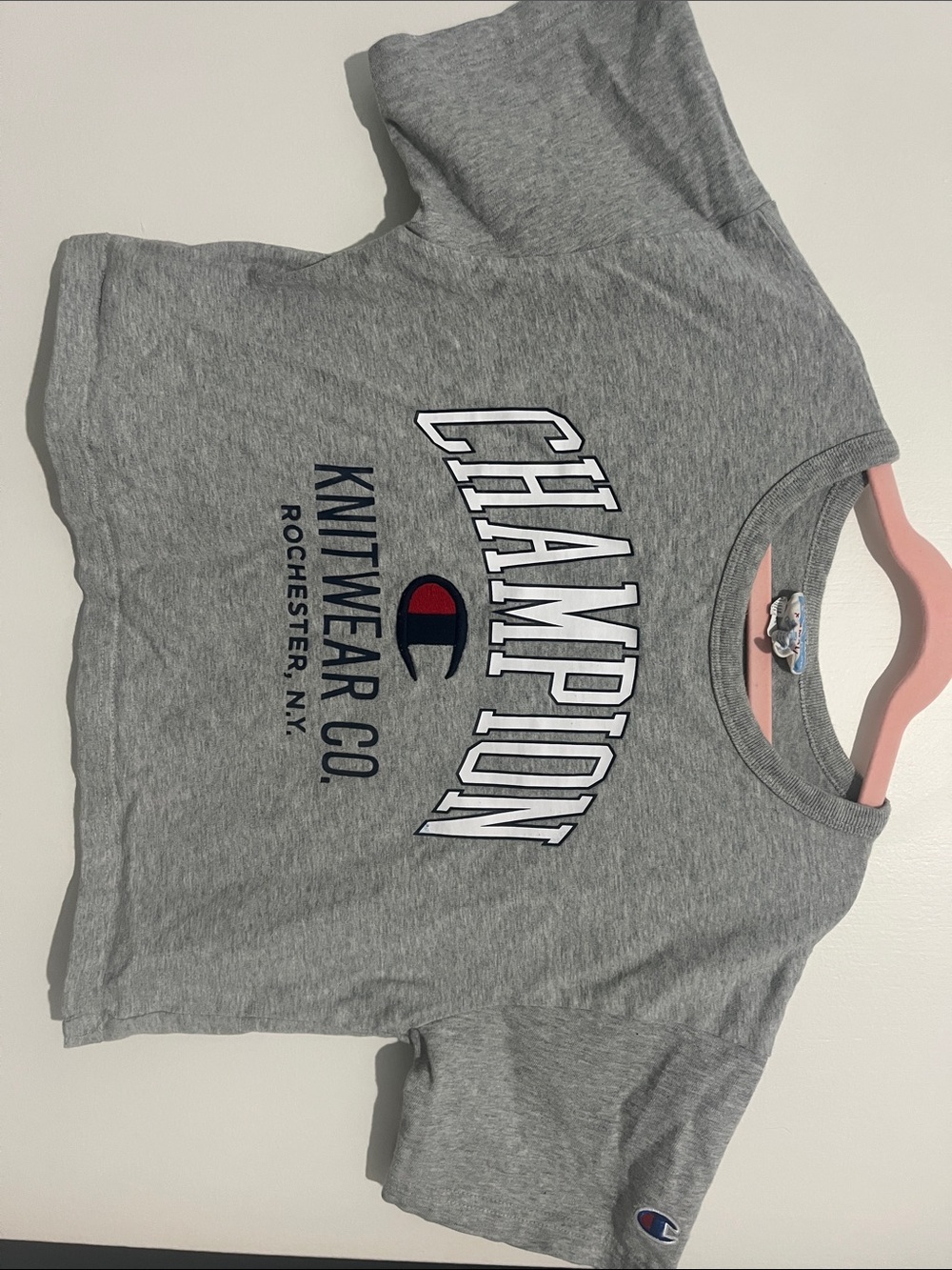 Champion Gray Short-Sleeve Logo Tee with Navy & Red Accent